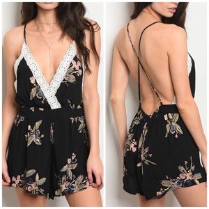 Deep V• Black Floral Romper